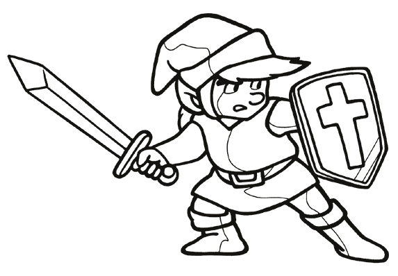 Ilustración a tinta de Link con espada y escudo
